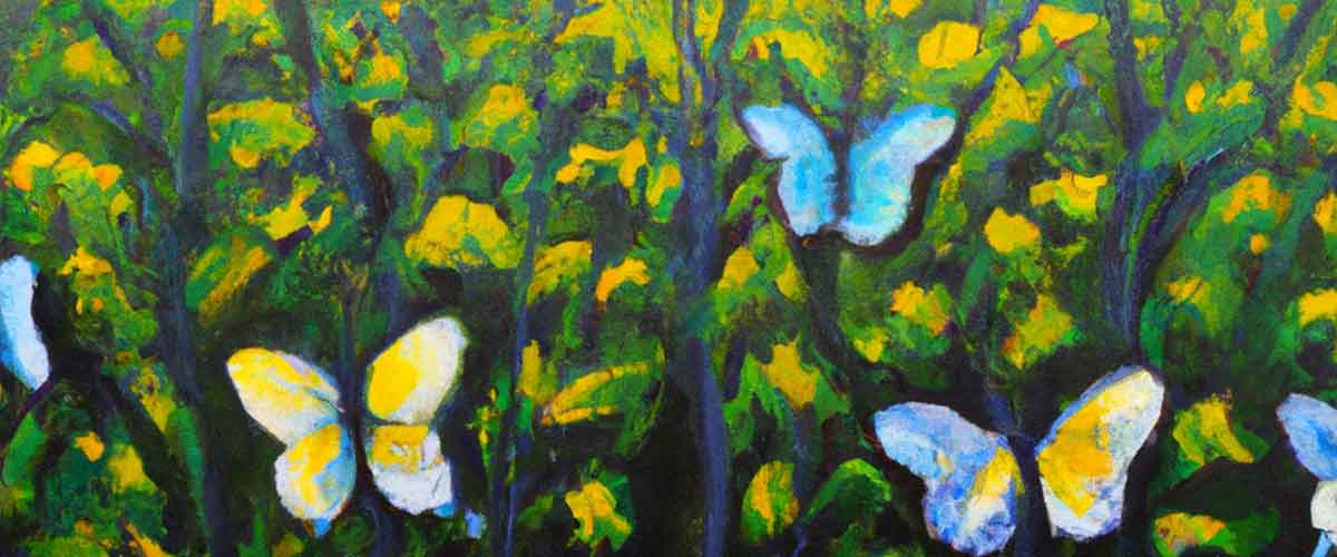 Blue and yellow butterflies amongst trees