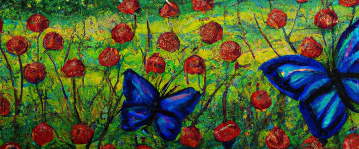 Blue butterflies in a field of red flowers