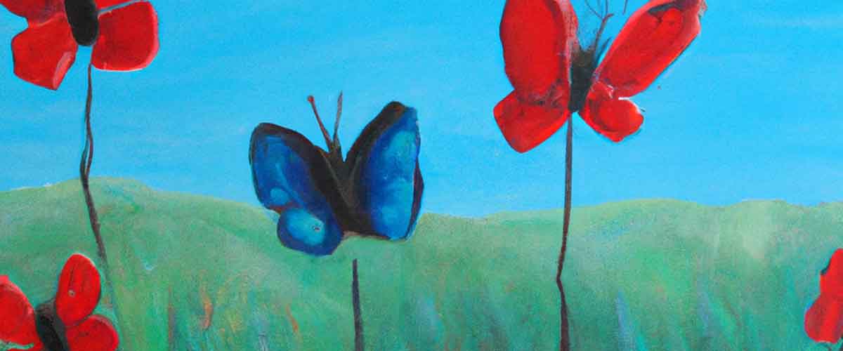 Red and blue butterflies in tall grass