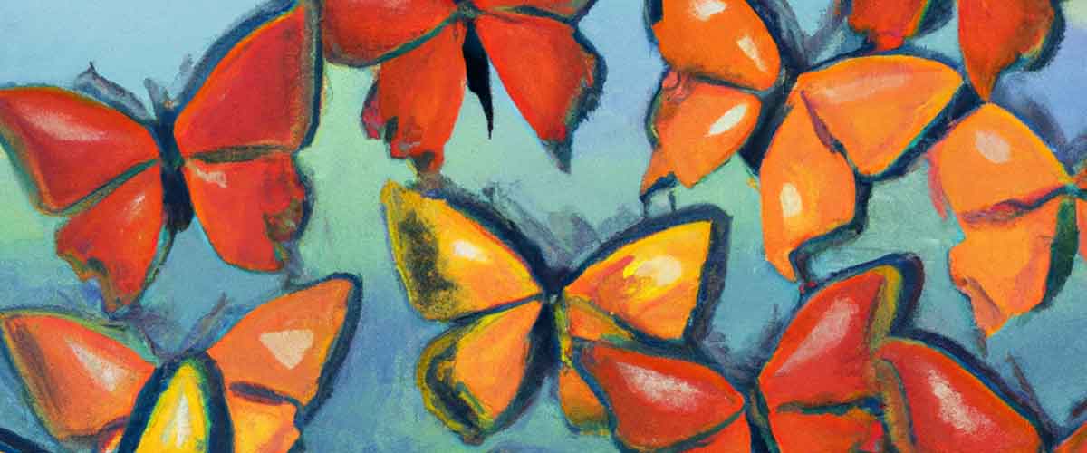 Red and orange butterflies flying against a blue sky